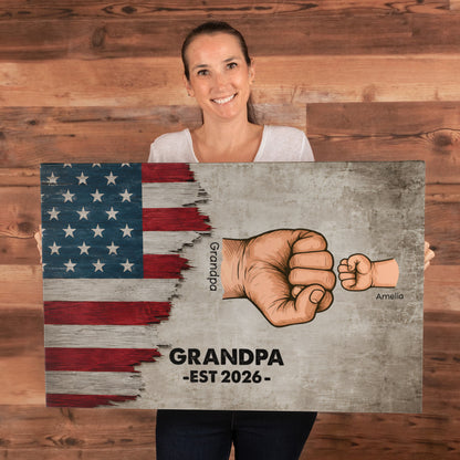 Personalized Grandpa Fist Bump Canvas – Custom Grandkids Names Patriotic Family Wall Art for Grandpa