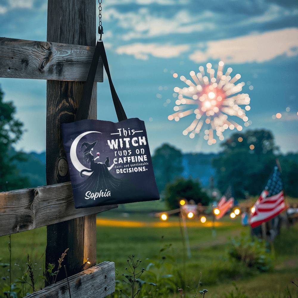 Custom Witch Tote Bag – “This Witch Runs on Caffeine, Chaos & Questionable Decisions !