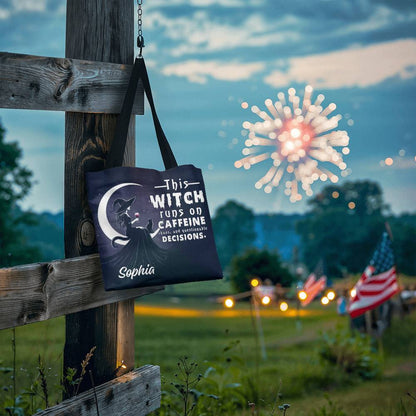 Custom Witch Tote Bag – “This Witch Runs on Caffeine, Chaos & Questionable Decisions !