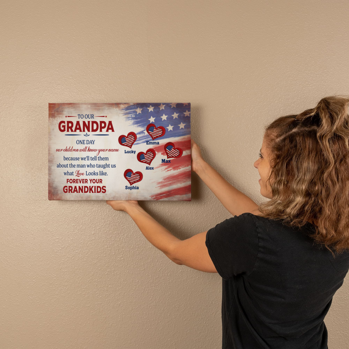 Personalized To Our Grandpa Canvas – Custom Grandkids Names Patriotic Family Wall Art