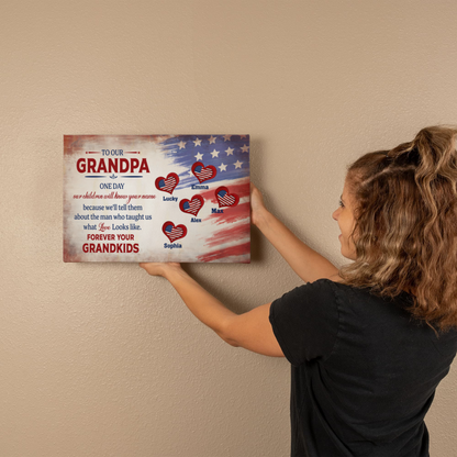 Personalized To Our Grandpa Canvas – Custom Grandkids Names Patriotic Family Wall Art