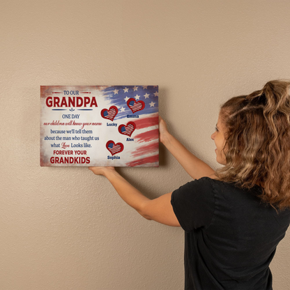 Personalized To Our Grandpa Canvas – Custom Grandkids Names Patriotic Family Wall Art