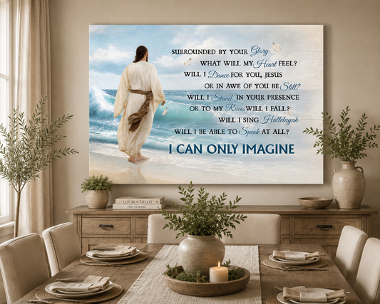 I Can Only Imagine Christian Canvas Wall Art | Jesus Walking by the Ocean | Surrounded By Your Glory Religious Wall Decor