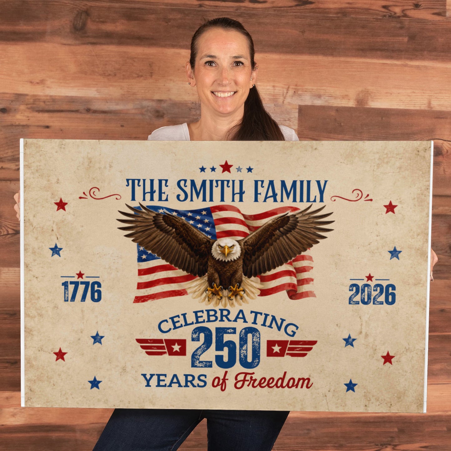 Personalized 250 Years of Freedom Gallery Wrapped Canvas – Custom Family Name Patriotic Eagle Wall Art