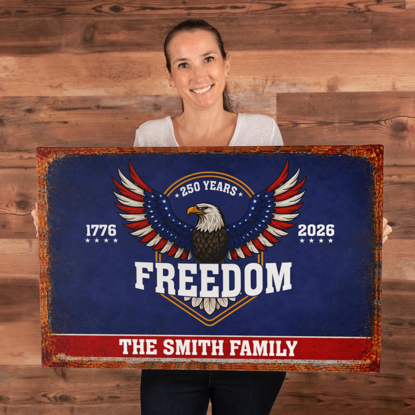 Personalized Freedom Eagle Gallery Wrapped Canvas – Custom Family Name 250 Years of Freedom Patriotic Wall Art