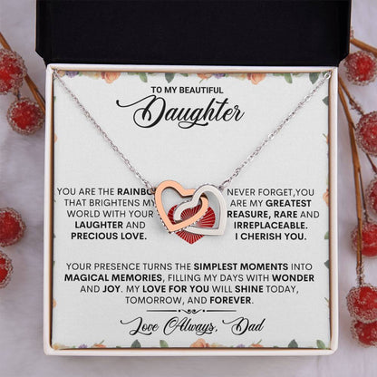 To My Beautiful Daughter Interlocking Hearts Necklace | Daughter Gift from Dad | Two-Tone Heart Pendant | Inspirational Jewelry Gift | Birthday & Christmas Gift for Daughter