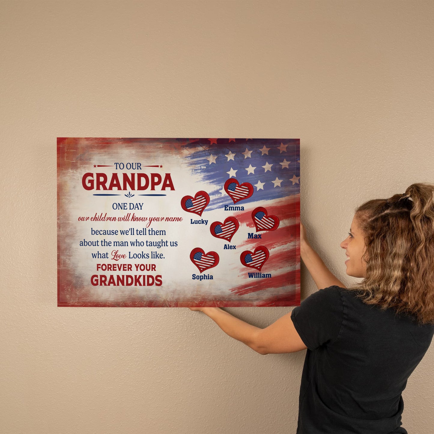 Personalized To Our Grandpa Canvas – Custom Grandkids Names Patriotic Family Wall Art