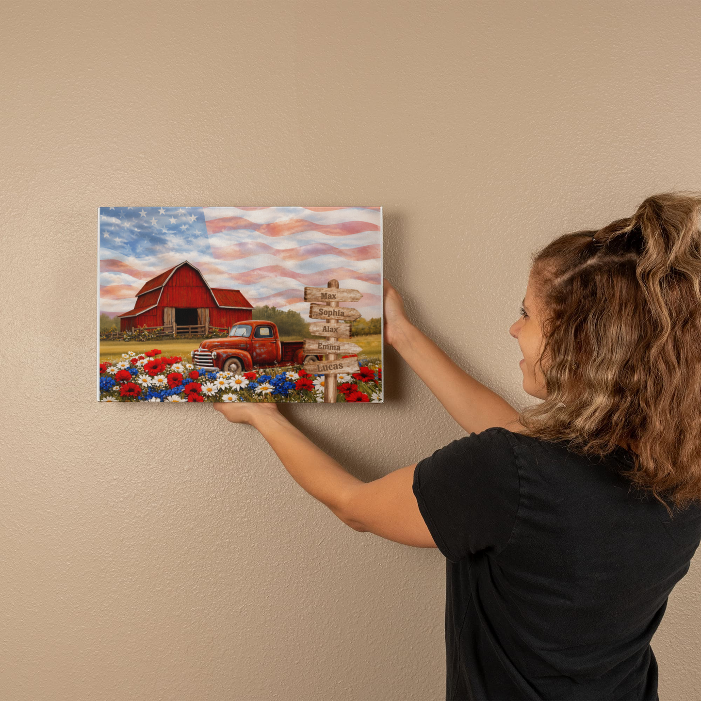 Personalized Patriotic Grandpa Canvas – Custom Grandkids Names Farmhouse American Flag Wall Art