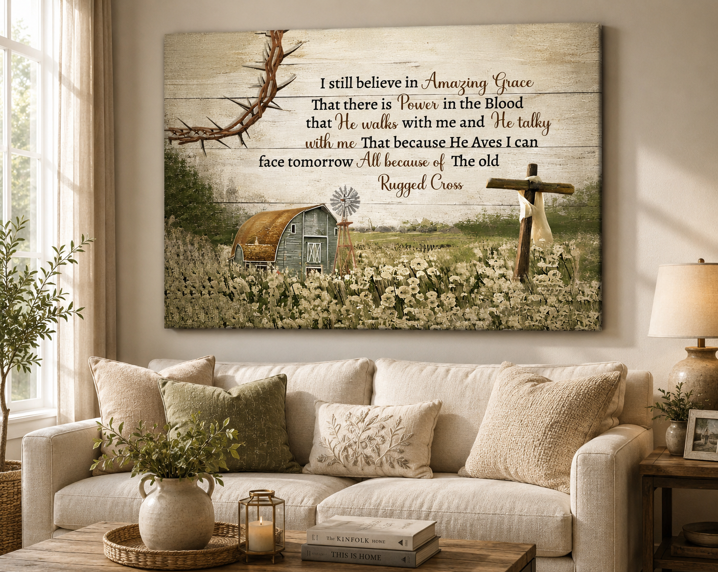 I Still Believe in Amazing Grace Christian Canvas Wall Art | Because He Lives I Can Face Tomorrow | Rustic Farmhouse Religious Decor