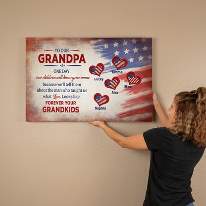 Personalized To Our Grandpa Canvas – Custom Grandkids Names Patriotic Family Wall Art