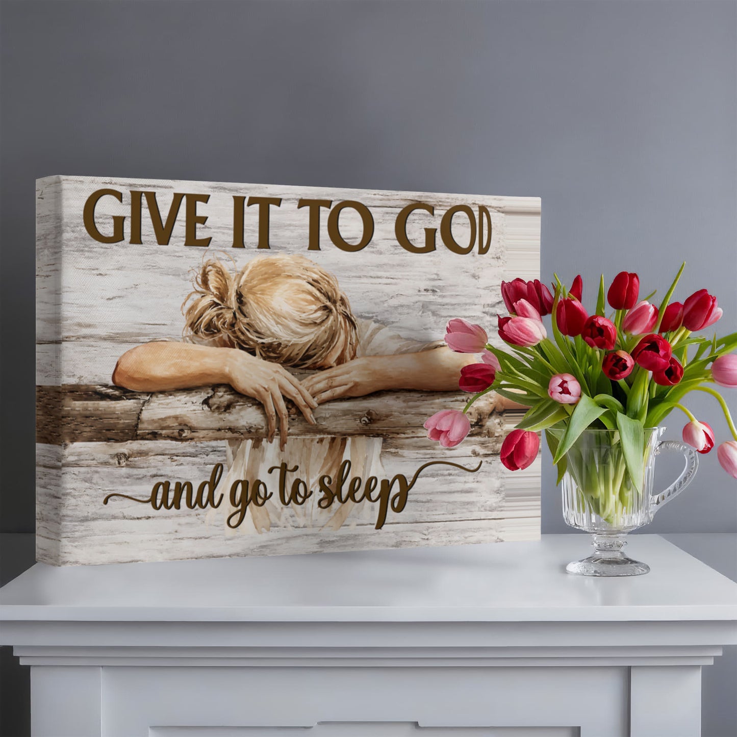Give It to God and Go to Sleep Canvas Wall Art – Christian Faith Inspirational Farmhouse Decor