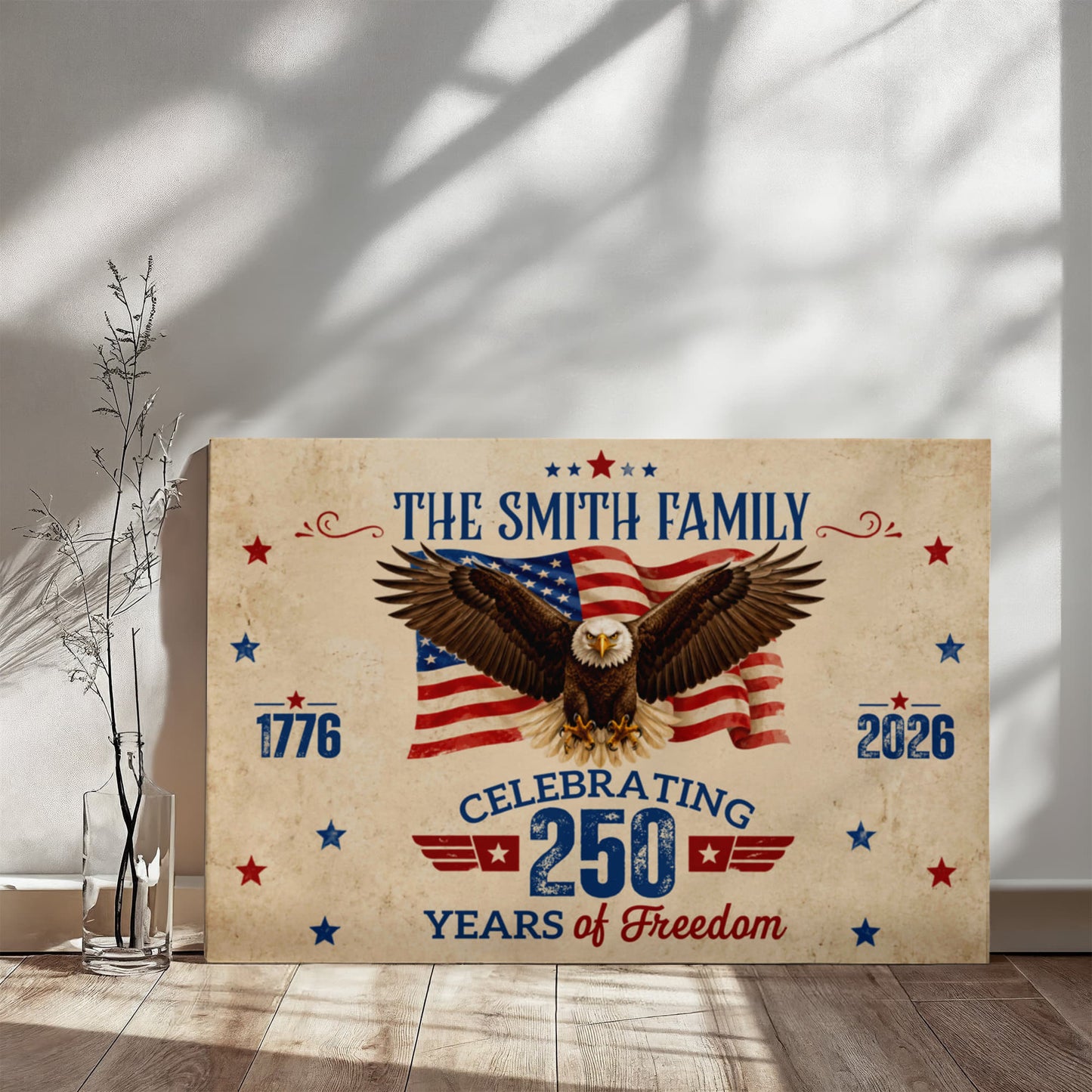 Personalized 250 Years of Freedom Gallery Wrapped Canvas – Custom Family Name Patriotic Eagle Wall Art