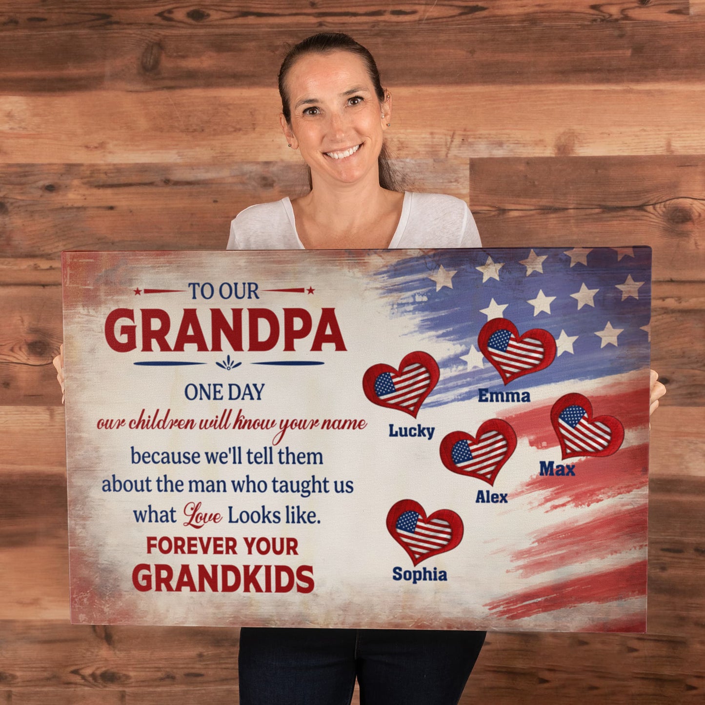 Personalized To Our Grandpa Canvas – Custom Grandkids Names Patriotic Family Wall Art