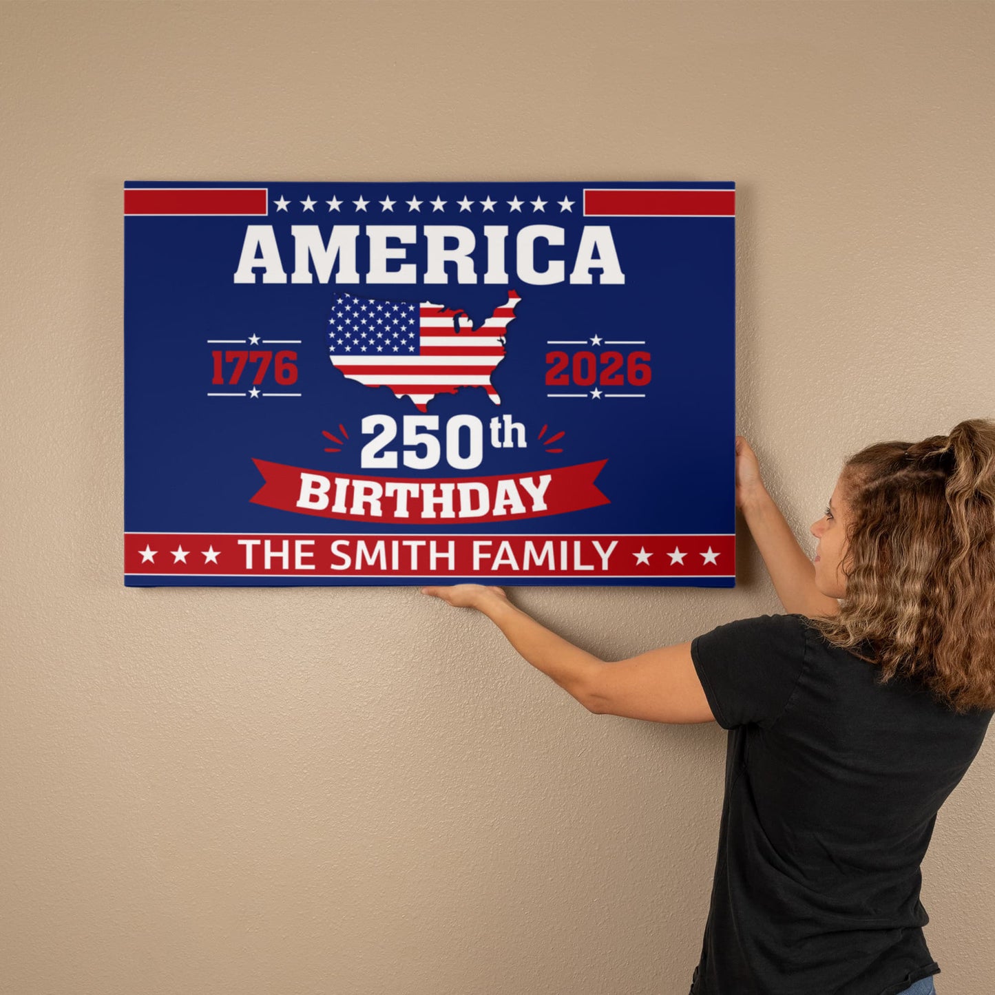 Personalized America 250th Birthday Gallery Wrapped Canvas – Custom Family Name Patriotic Wall Art