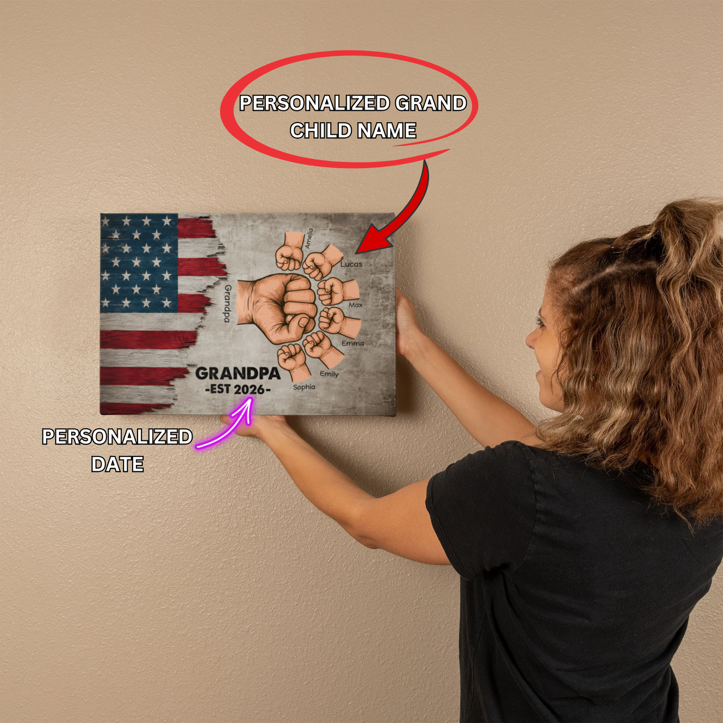 Personalized Grandpa Fist Bump Canvas – Custom Grandkids Names Patriotic Family Wall Art for Grandpa