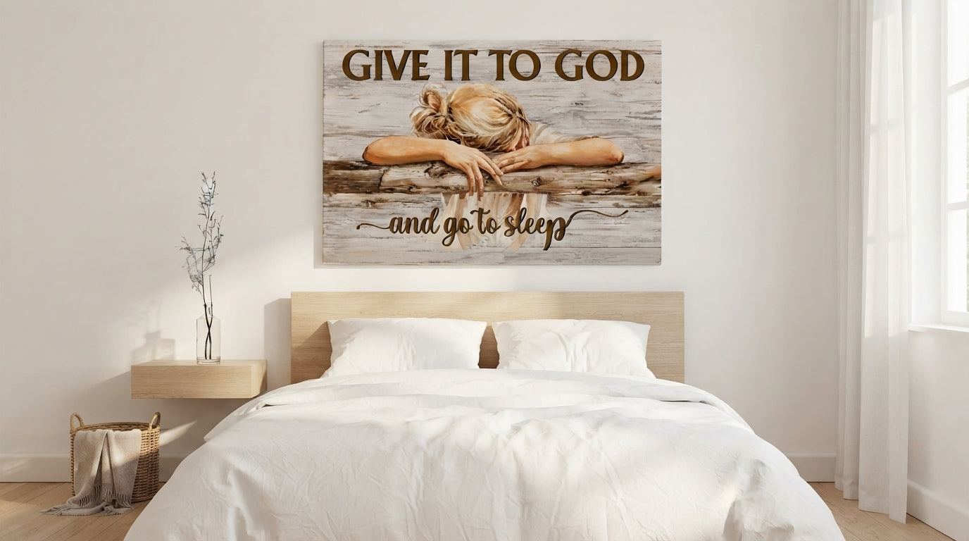 Give It to God and Go to Sleep Canvas Wall Art – Christian Faith Inspirational Farmhouse Decor