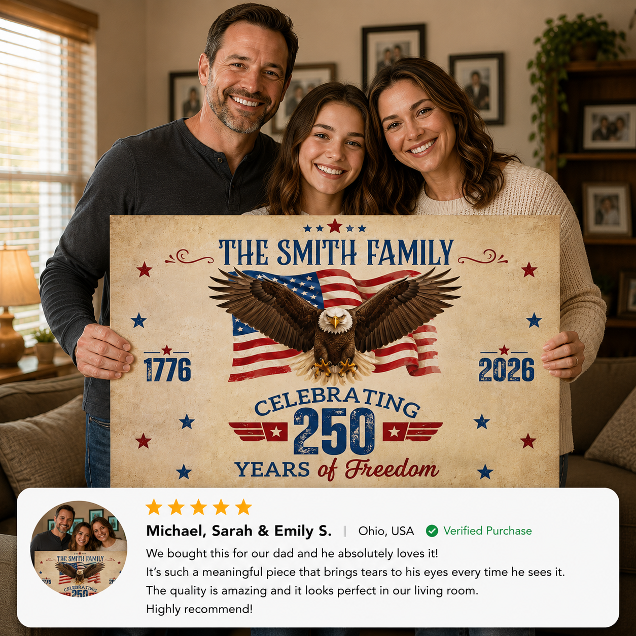 Personalized 250 Years of Freedom Gallery Wrapped Canvas – Custom Family Name Patriotic Eagle Wall Art