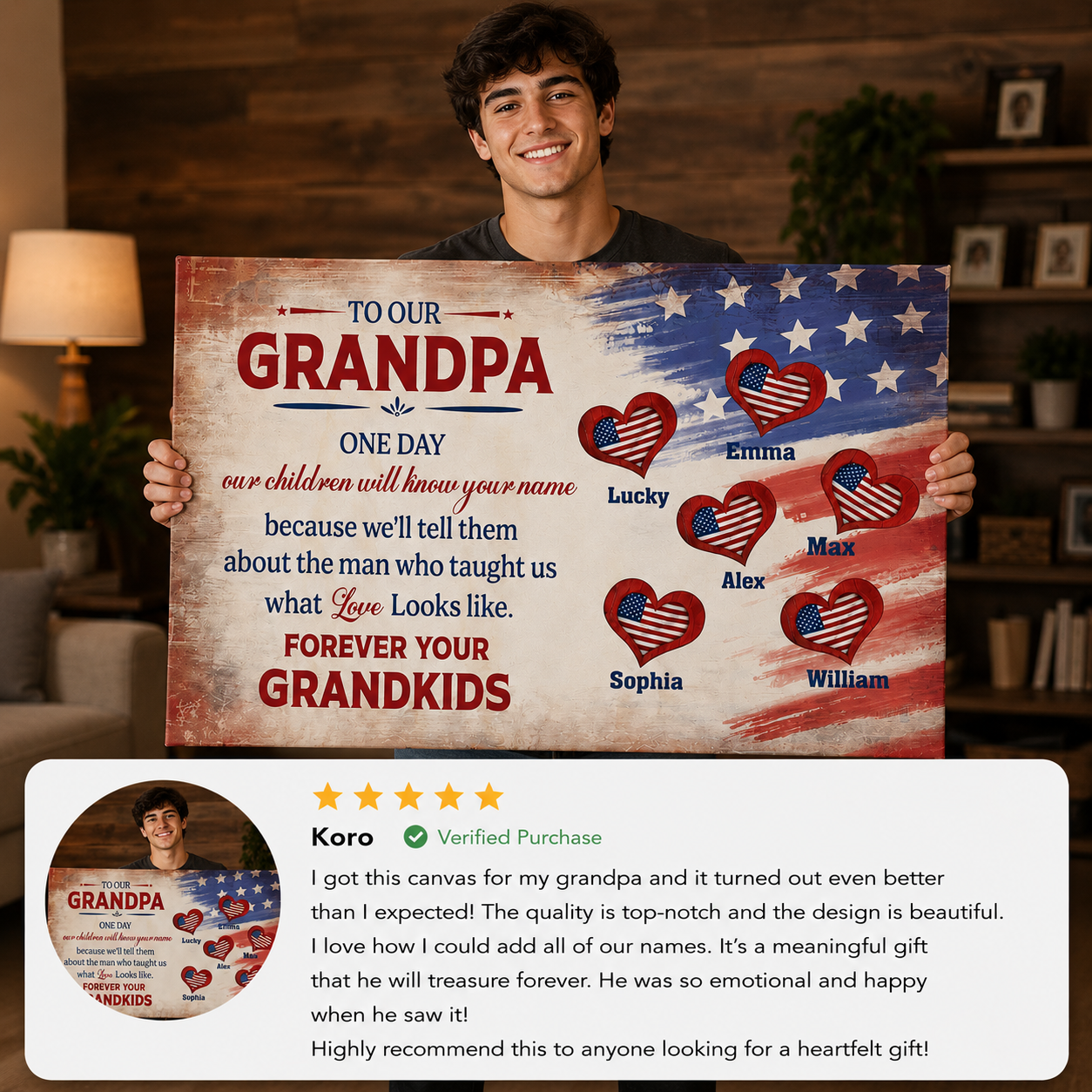Personalized To Our Grandpa Canvas – Custom Grandkids Names Patriotic Family Wall Art
