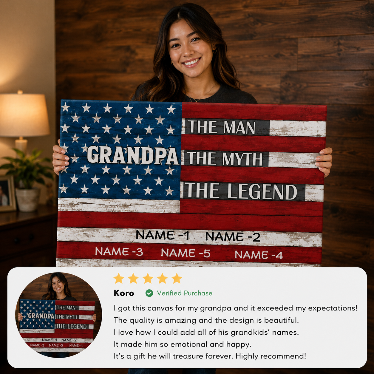 Personalized Grandpa The Man The Myth The Legend Canvas – Custom Grandkids Names Patriotic American Flag Wall Art