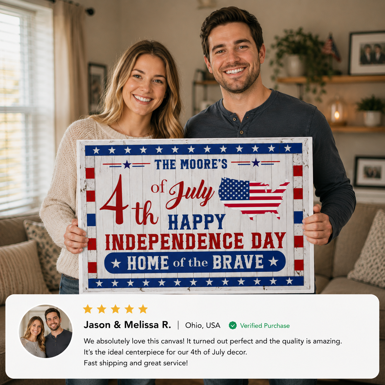 Personalized 4th of July Gallery Wrapped Canvas – Custom Family Name Independence Day Wall Art