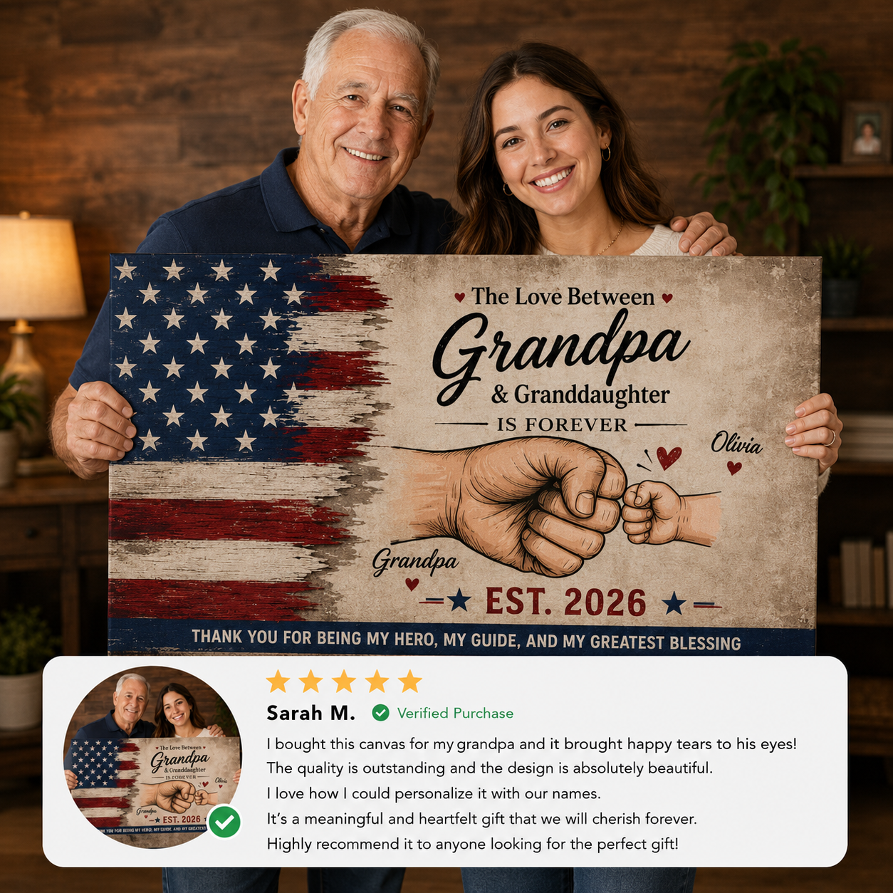 Personalized Grandpa Fist Bump Canvas – Custom Grandkids Names Patriotic Family Wall Art for Grandpa