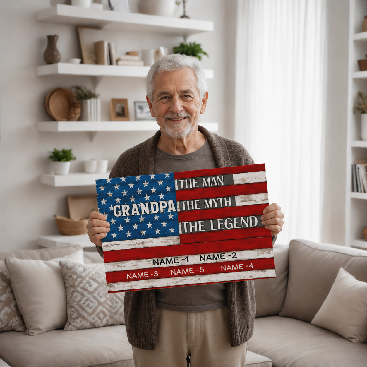 Personalized Grandpa The Man The Myth The Legend Canvas – Custom Grandkids Names Patriotic American Flag Wall Art