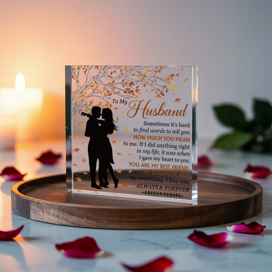 Personalized "To My Husband" Acrylic Block – Custom Romantic Gift with Autumn Leaves, Best Friend & Soulmate Message