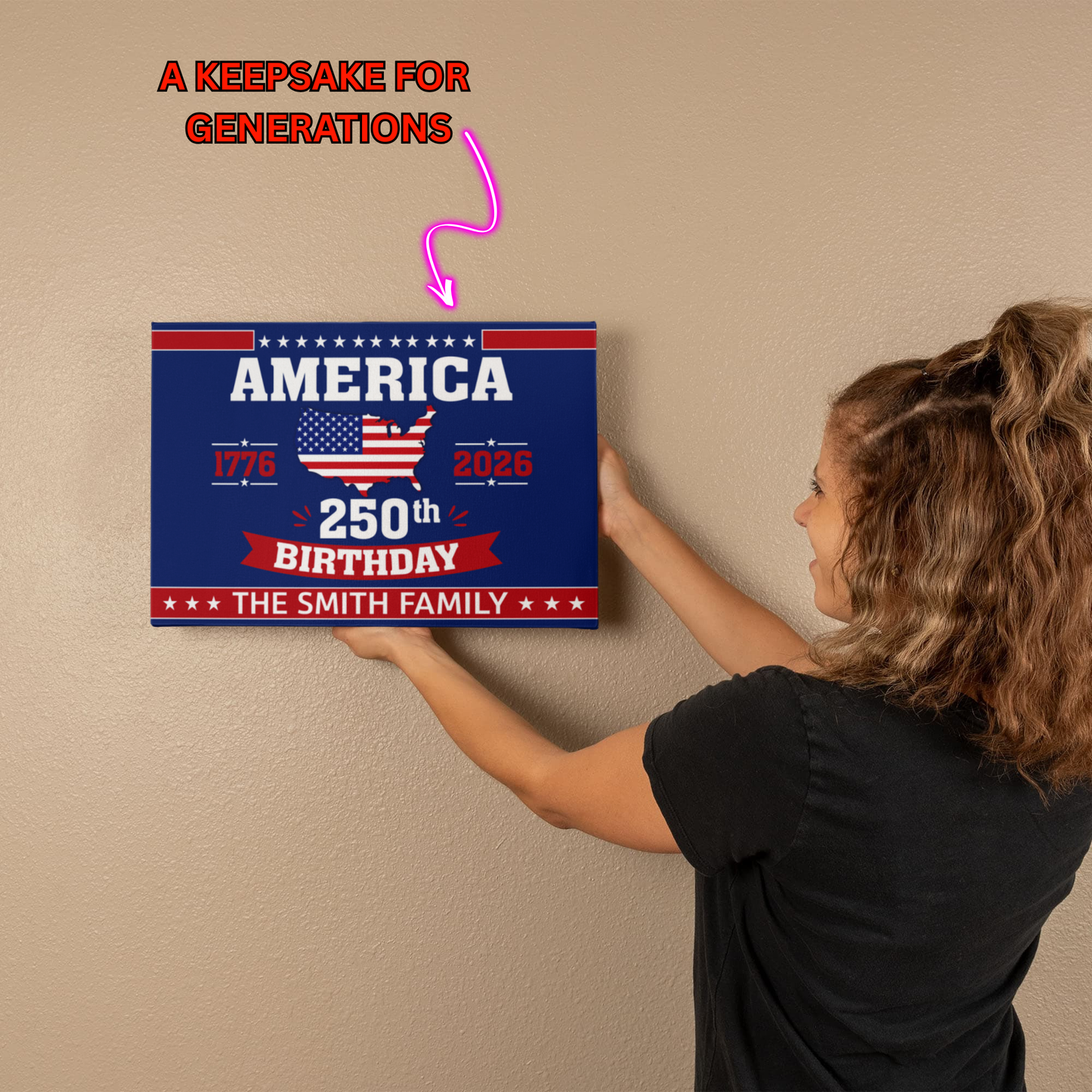 Personalized America 250th Birthday Gallery Wrapped Canvas – Custom Family Name Patriotic Wall Art