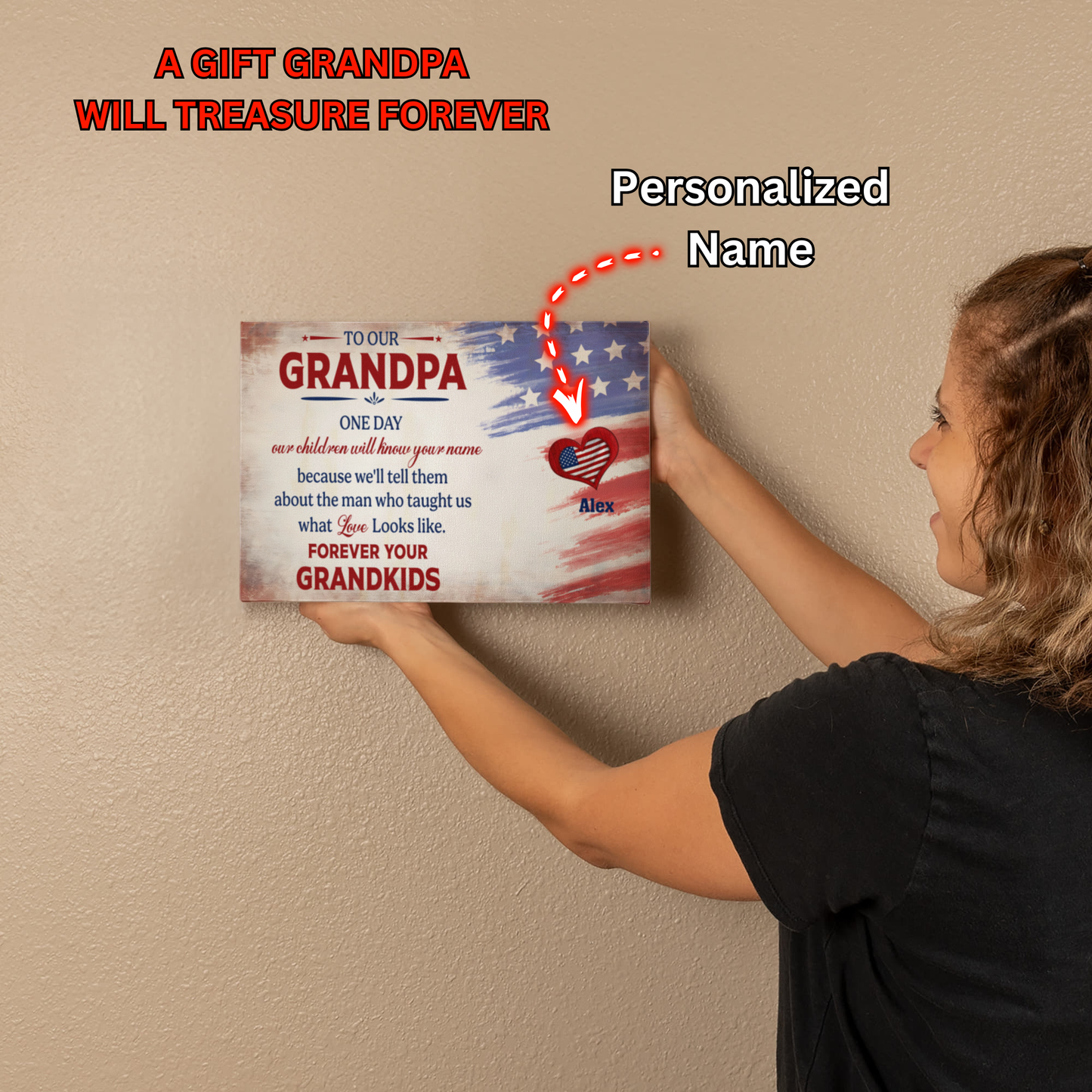 Personalized To Our Grandpa Canvas – Custom Grandkids Names Patriotic Family Wall Art