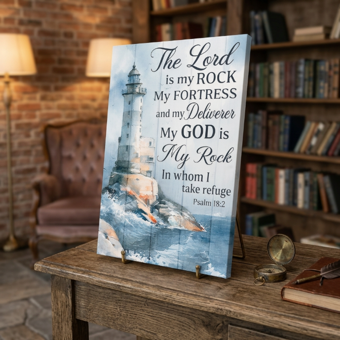 The Lord Is My Rock Lighthouse Canvas Wall Art – Psalm 18:2 Christian Bible Verse Decor