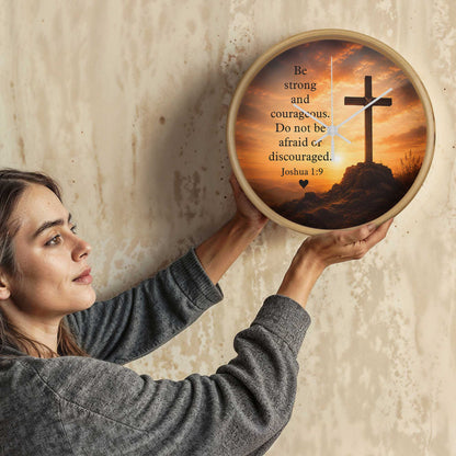 Joshua 1:9 Christian Wall Clock – Be Strong and Courageous Cross Scripture Clock | Inspirational Faith Home Decor