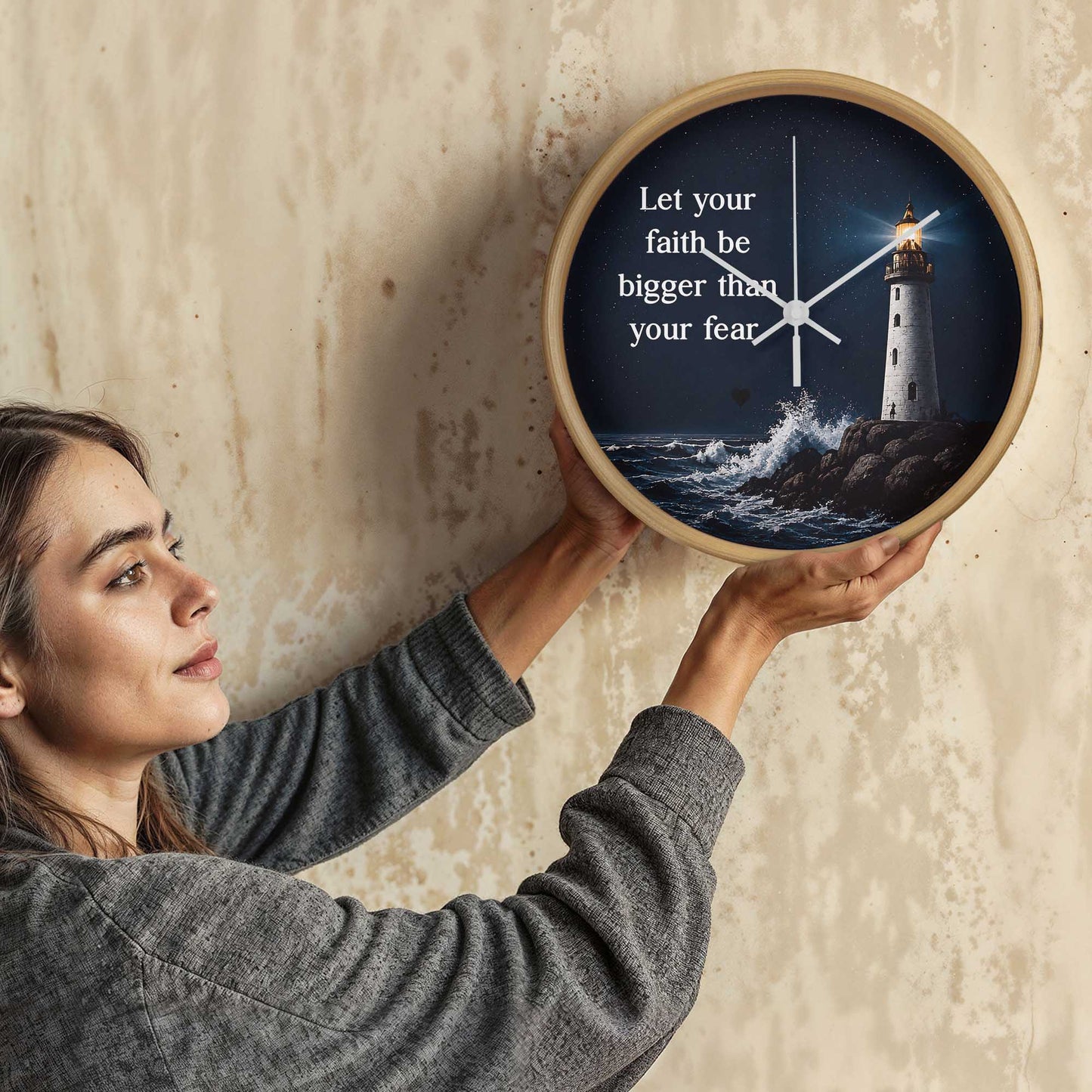 Let Your Faith Be Bigger Than Your Fear Wall Clock – Inspirational Christian Lighthouse Wall Clock | Faith-Based Home Decor