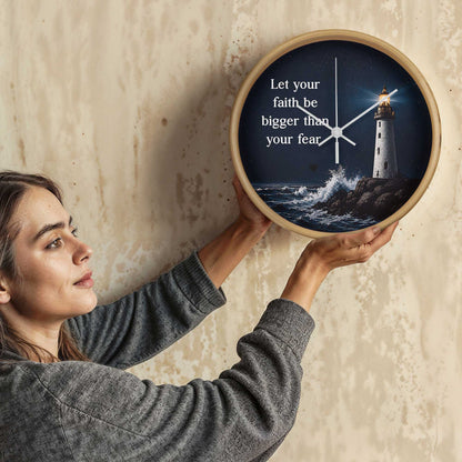 Let Your Faith Be Bigger Than Your Fear Wall Clock – Inspirational Christian Lighthouse Wall Clock | Faith-Based Home Decor