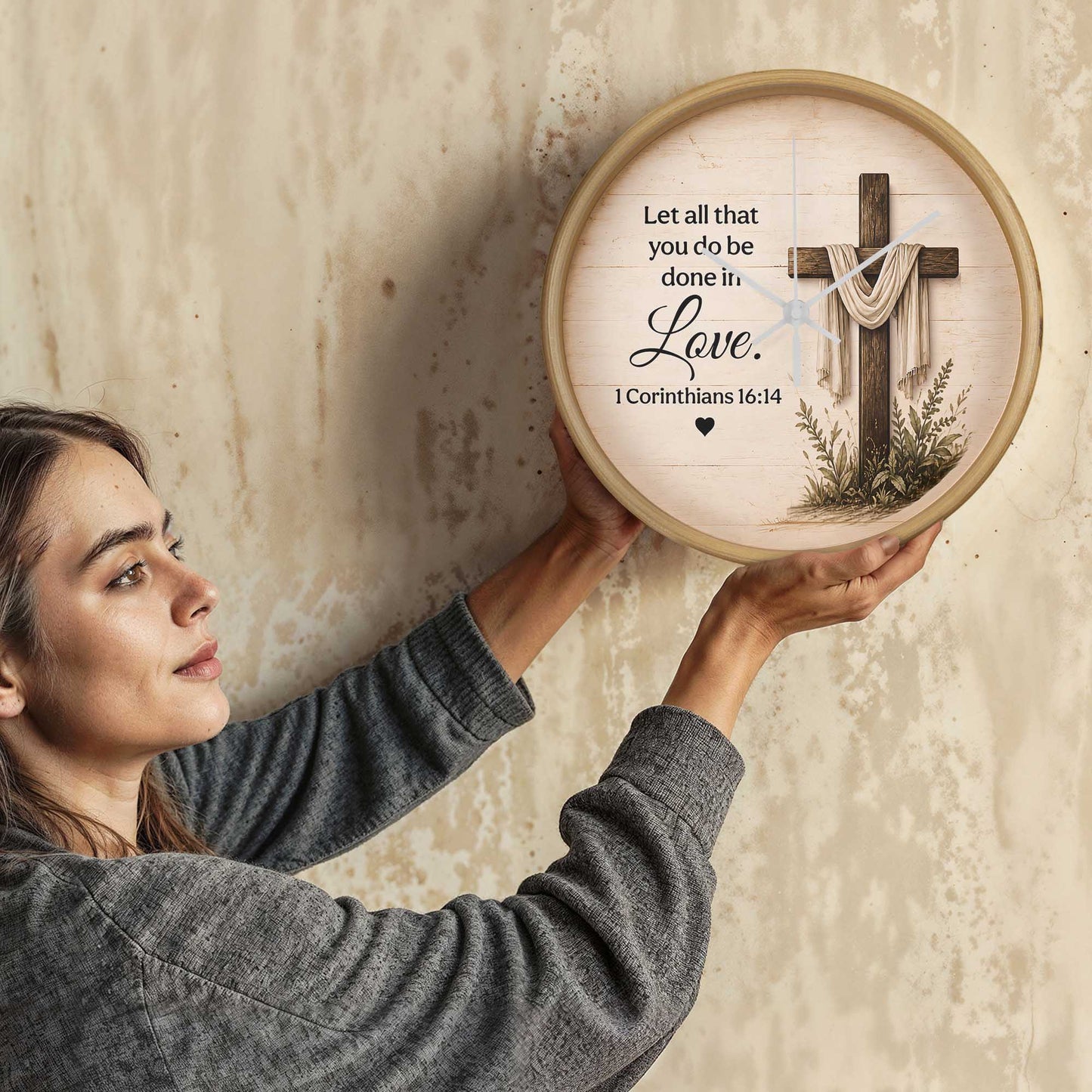 1 Corinthians 16:14 Christian Wall Clock – Let All That You Do Be Done in Love | Cross Bible Verse Wall Clock | Inspirational Faith Home Decor