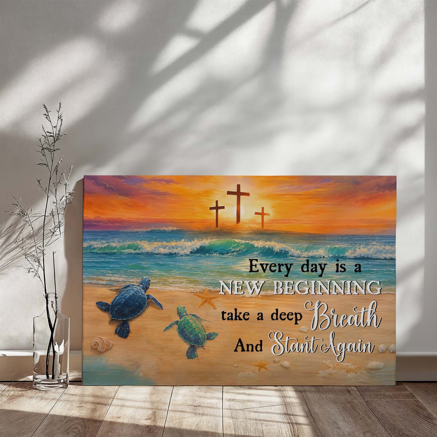 Every Day Is a New Beginning Christian Canvas Wall Art | Take a Deep Breath and Start Again | Beach Sunset Crosses Sea Turtle Coastal Decor