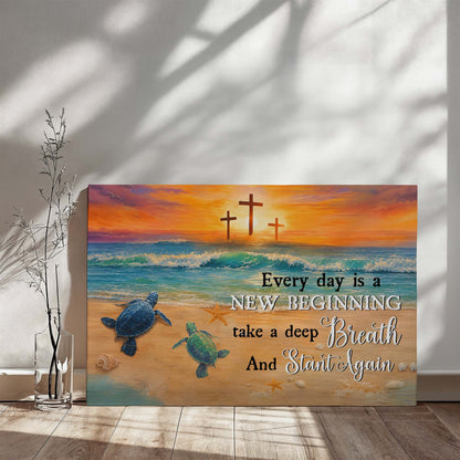 Every Day Is a New Beginning Christian Canvas Wall Art | Take a Deep Breath and Start Again | Beach Sunset Crosses Sea Turtle Coastal Decor