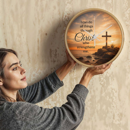 Philippians 4:13 Christian Wall Clock – I Can Do All Things Through Christ | Cross Sunset Bible Verse Wall Clock | Inspirational Faith Home Decor