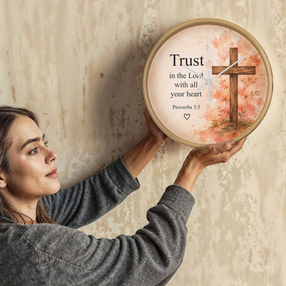 Proverbs 3:5 Christian Wall Clock – Trust in the Lord with All Your Heart | Floral Cross Bible Verse Wall Clock | Inspirational Faith Home Decor