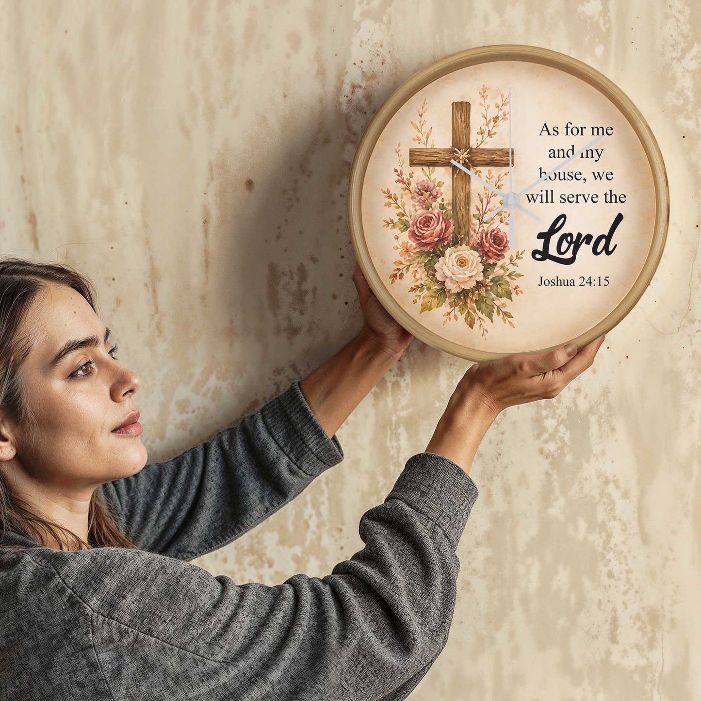 Joshua 24:15 Christian Wall Clock – As for Me and My House We Will Serve the Lord | Rustic Cross Bible Verse Wall Clock | Faith Home Decor