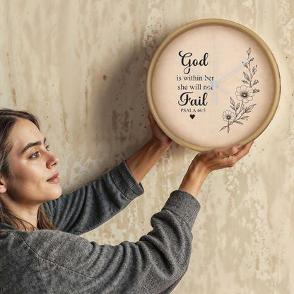 Psalm 46:5 Christian Wall Clock – God Is Within Her She Will Not Fail | Inspirational Bible Verse Wall Clock | Christian Home Decor for Women