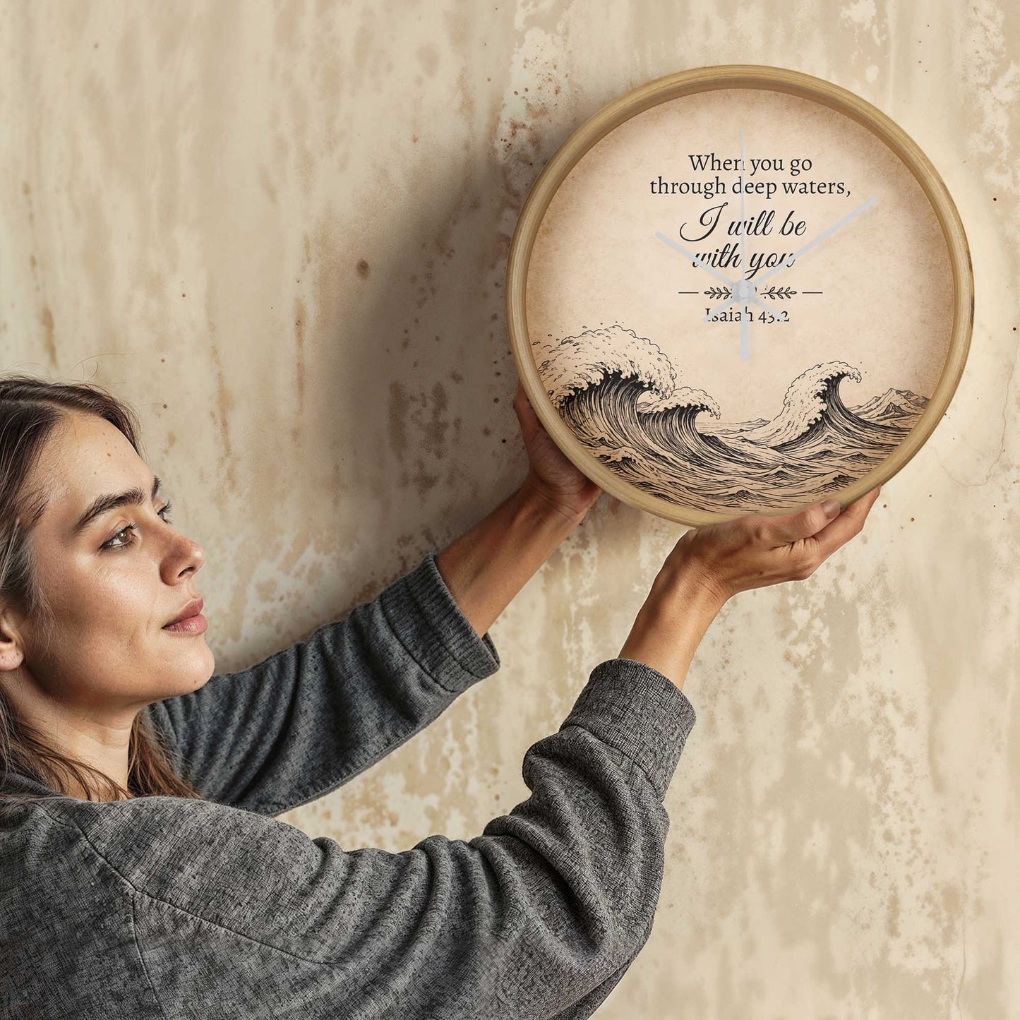 Isaiah 43:2 Christian Wall Clock – When You Go Through Deep Waters I Will Be With You | Inspirational Bible Verse Wall Clock | Faith Home Decor