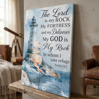 The Lord Is My Rock Lighthouse Canvas Wall Art – Psalm 18:2 Christian Bible Verse Decor