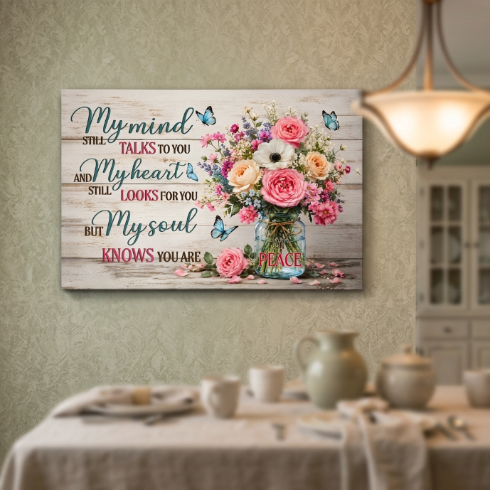 My Mind Still Talks to You Canvas Wall Art – Sympathy Memorial Gift with Flowers and Butterfly
