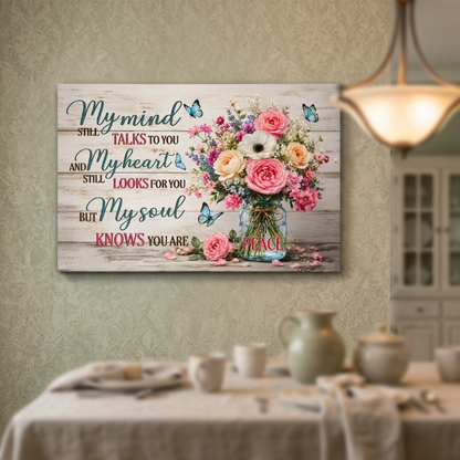 My Mind Still Talks to You Canvas Wall Art – Sympathy Memorial Gift with Flowers and Butterfly
