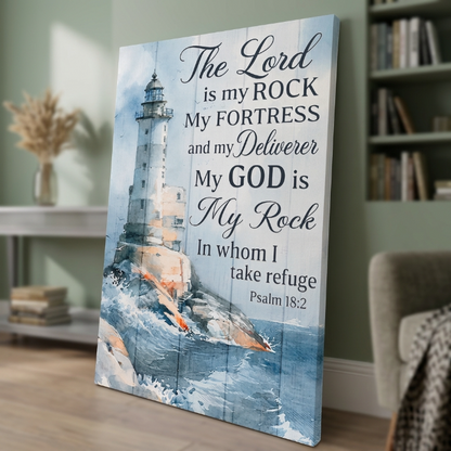 The Lord Is My Rock Lighthouse Canvas Wall Art – Psalm 18:2 Christian Bible Verse Decor