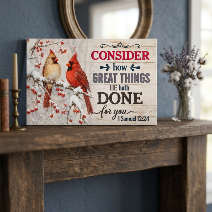 Consider How Great Things He Hath Done for You Christian Canvas Wall Art | 1 Samuel 12:24 Scripture Decor | Cardinal Bird Farmhouse Wall Art
