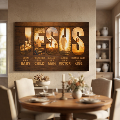 Jesus Born as a Baby Coming Back as a King Christian Canvas Wall Art | Rustic Religious Decor | Jesus Christ Life Story Canvas Print