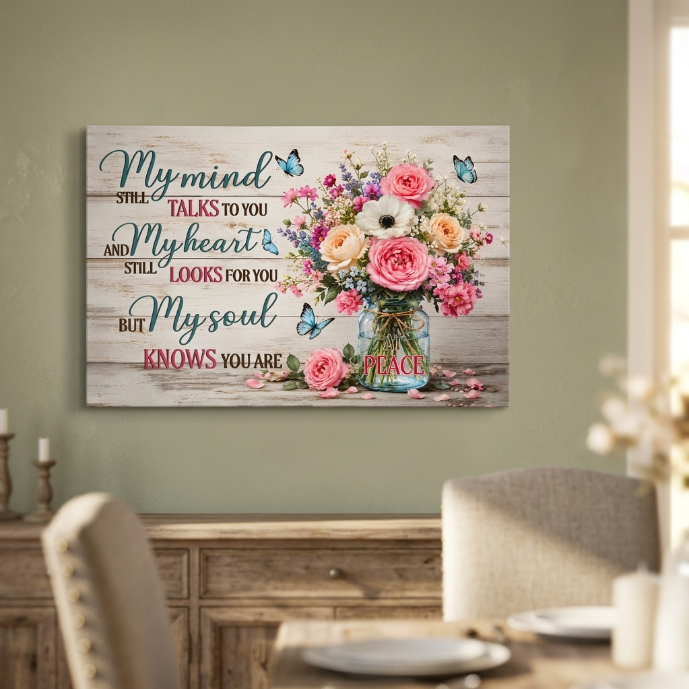 My Mind Still Talks to You Canvas Wall Art – Sympathy Memorial Gift with Flowers and Butterfly