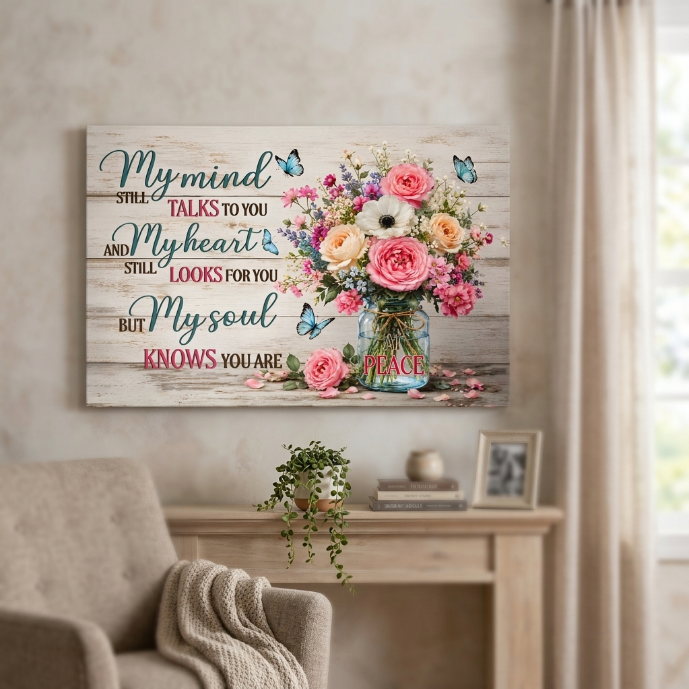 My Mind Still Talks to You Canvas Wall Art – Sympathy Memorial Gift with Flowers and Butterfly
