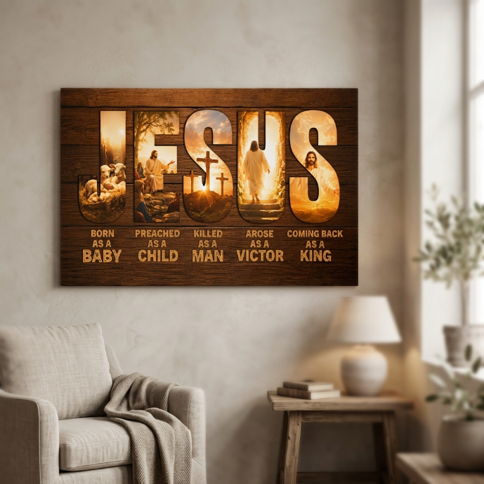 Jesus Born as a Baby Coming Back as a King Christian Canvas Wall Art | Rustic Religious Decor | Jesus Christ Life Story Canvas Print